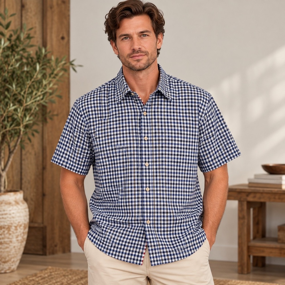 Robert Graham Tailored Fit Short Sleeve Gingham Button Down Shirt Navy Medium